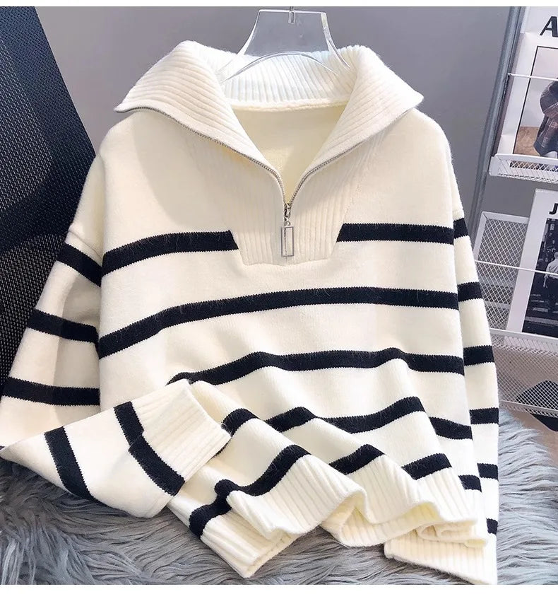 Striped Zip Collar Knit Sweater
