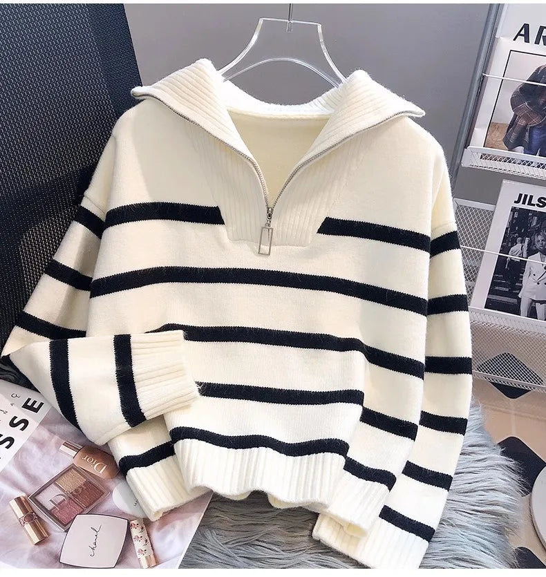 Striped Zip Collar Knit Sweater