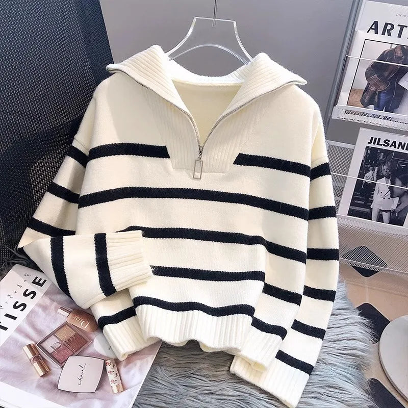 Striped Zip Collar Knit Sweater