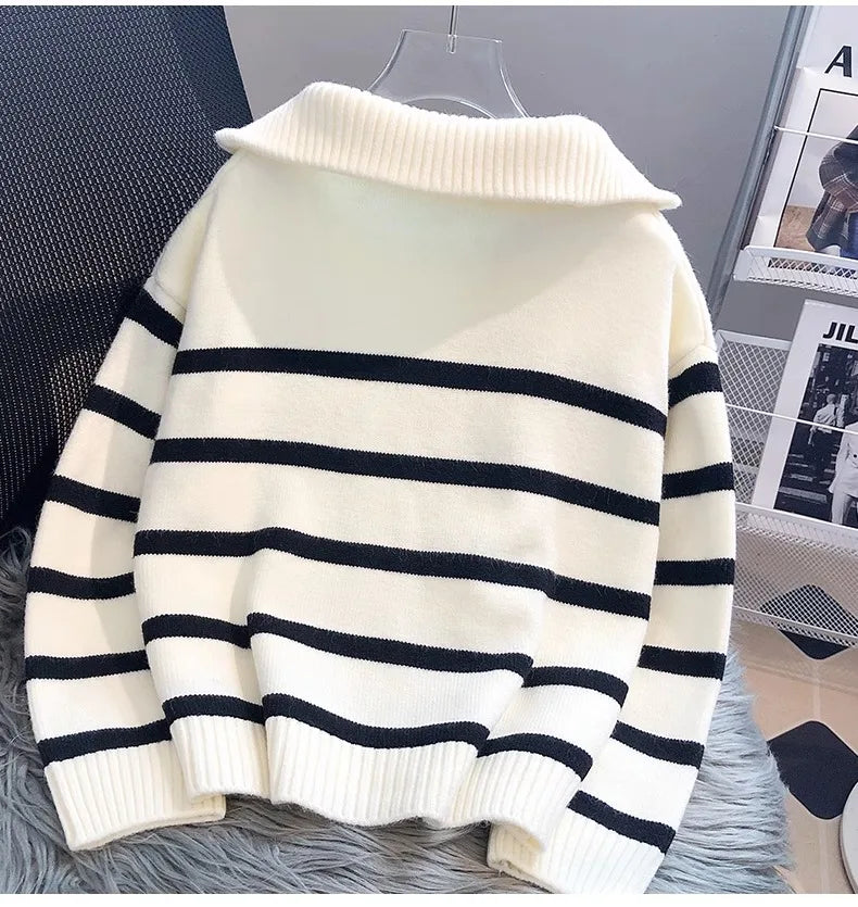 Striped Zip Collar Knit Sweater