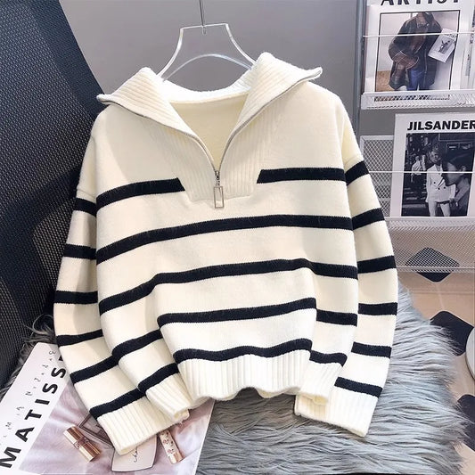 Striped Zip Collar Knit Sweater