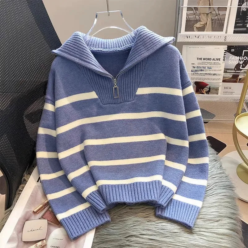 Striped Zip Collar Knit Sweater