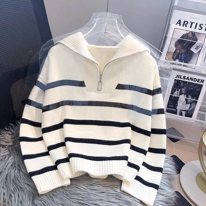 Striped Zip Collar Knit Sweater