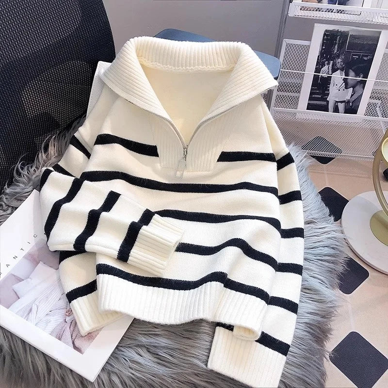 Striped Zip Collar Knit Sweater
